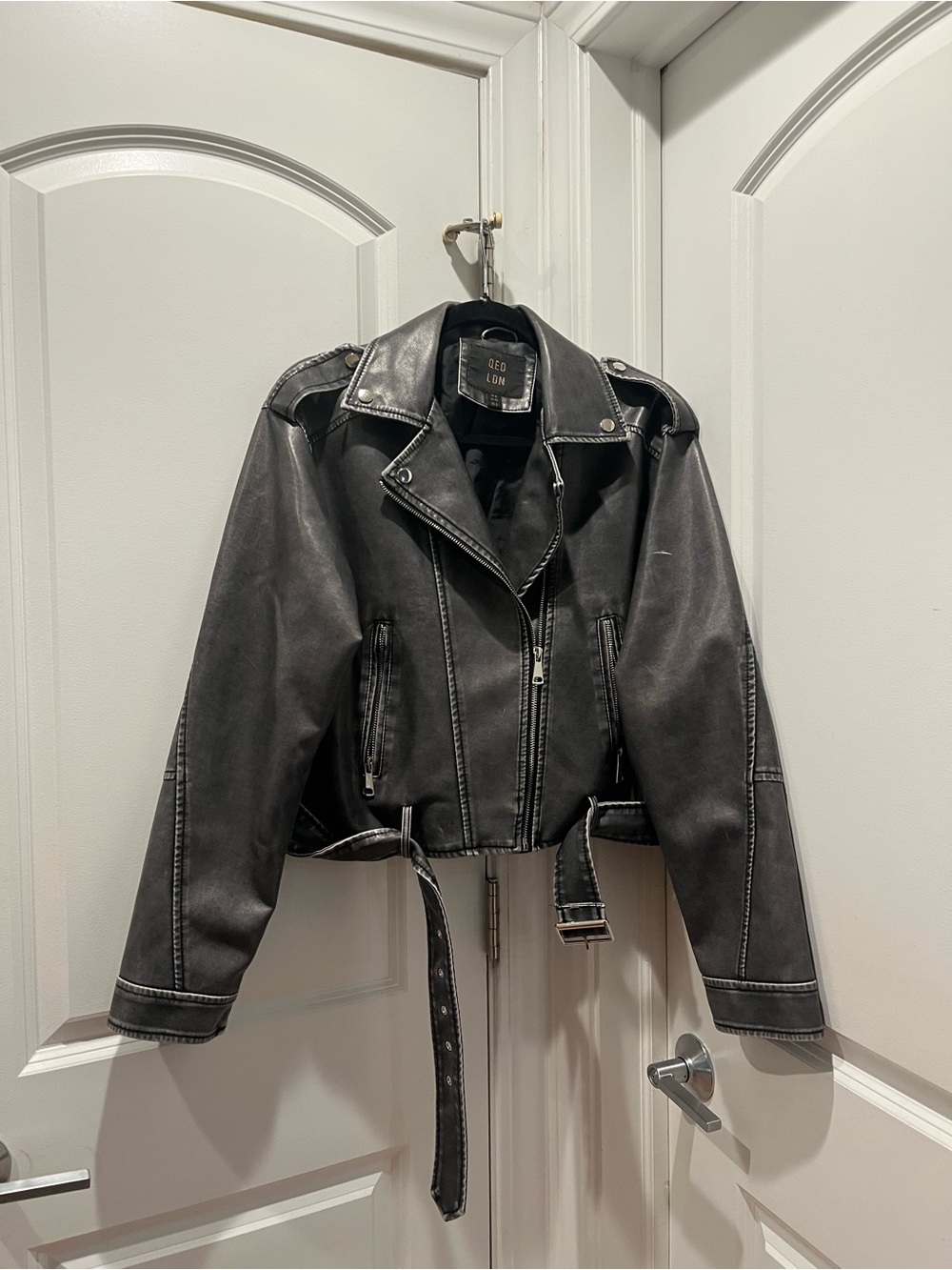 QED London Black Faux Leather Belted Moto Jacket